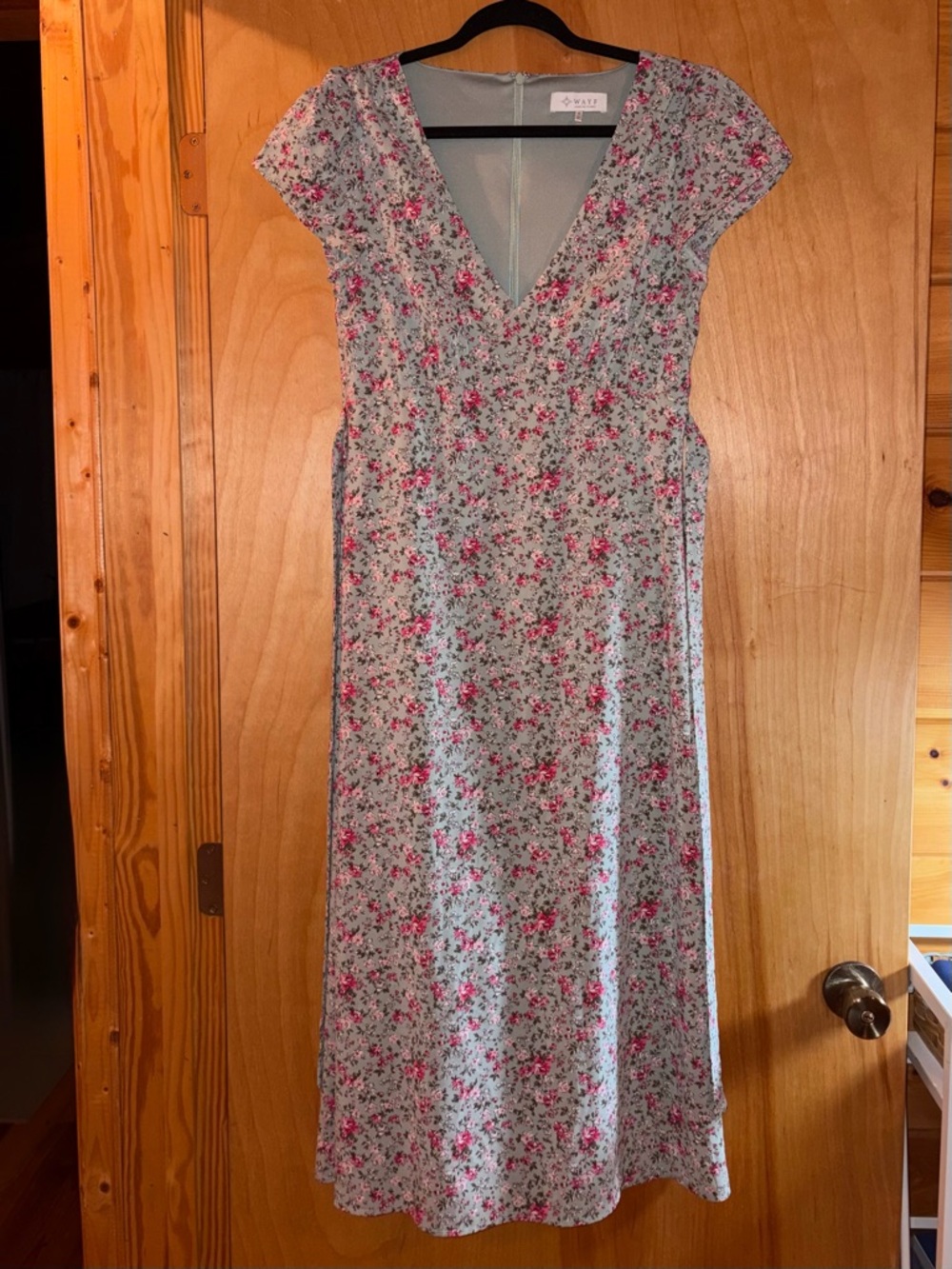 Floral V-Neck Midi Dress in Light Green with Pink Roses